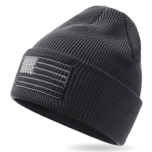 Image of OUTDOOR SHAPING American Flag Embroidered Knit Cuffed Beanie for Men Women Tactical Winter Warm Hat
