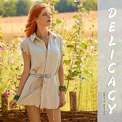 Junkin 2 Pcs Women Concho Western Chain Belts Turquoise Chain Belts Antique Western Waist Belts Metal Belt4