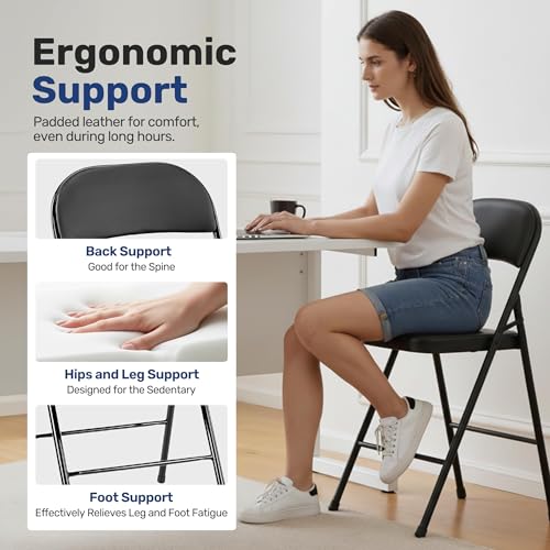 Image of Simple Deluxe Dining Chairs Set of 4, Leather Cushion Foldable Modern Kitchen Side Chair with Padded Back& Metal Legs, Upholstered Dinner Seat Gift for Home /Living Room /Bedroom /Restaurant, Black