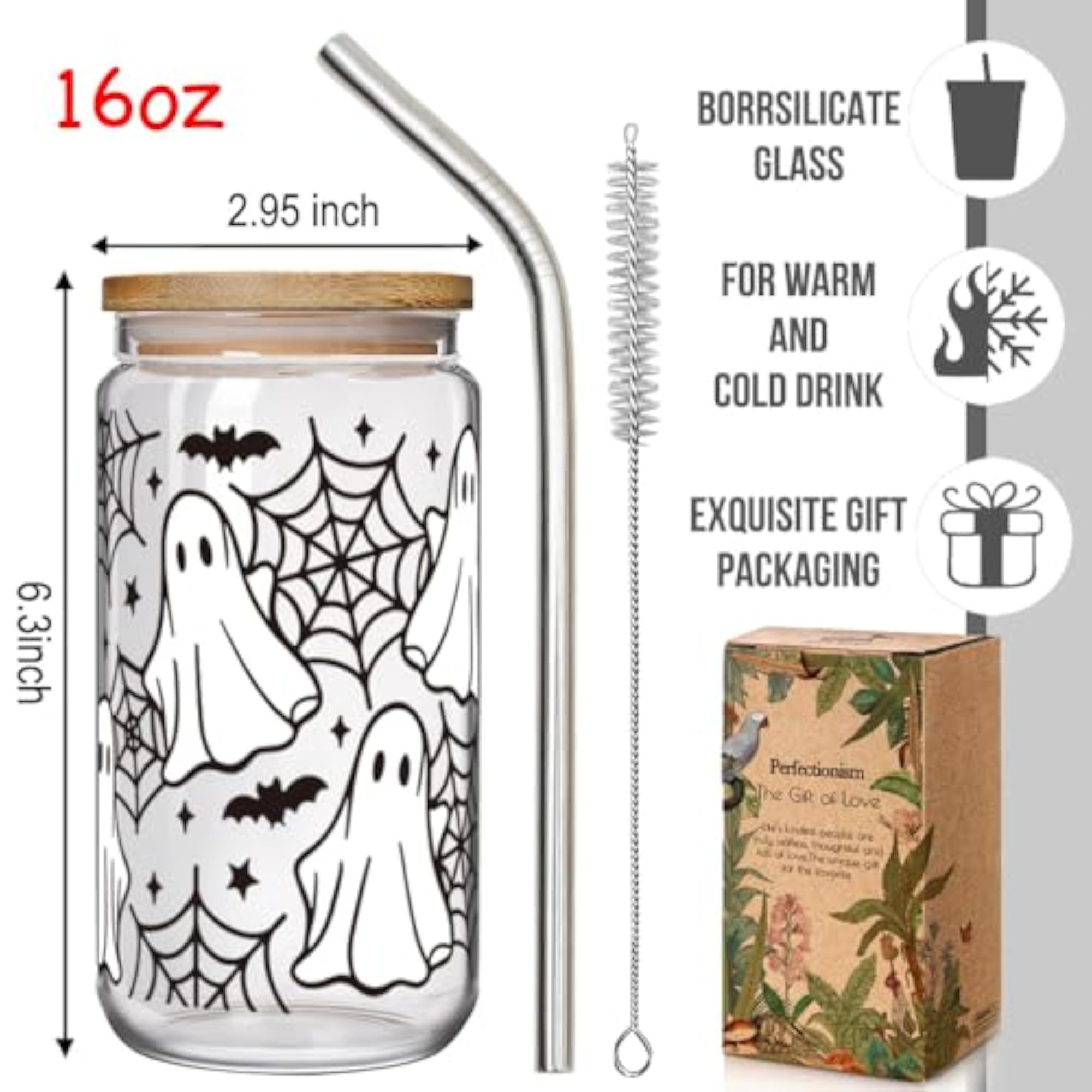 Halloween Spooky Ghost Glass Cups with Lids & Straws, Gift for Women