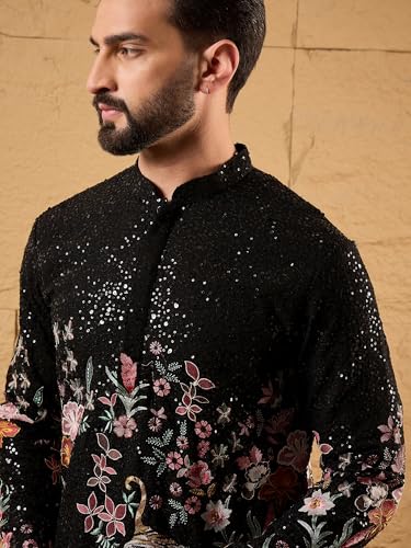 Image of Men Black Georgette Embroidered Solid Calf Length Kurtas | Mens | Solid Kurta's for Mens | Straight Fit Kurta for Men's