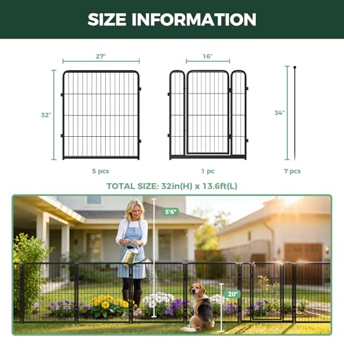 Image of FXW Garden Fence Outdoor for the Yard - 32in(H) x 13.6ft(L) Heavy Duty Metal Animal Barrier for Dog, No Dig Decorative Dog Fence, 6 Panels, Black