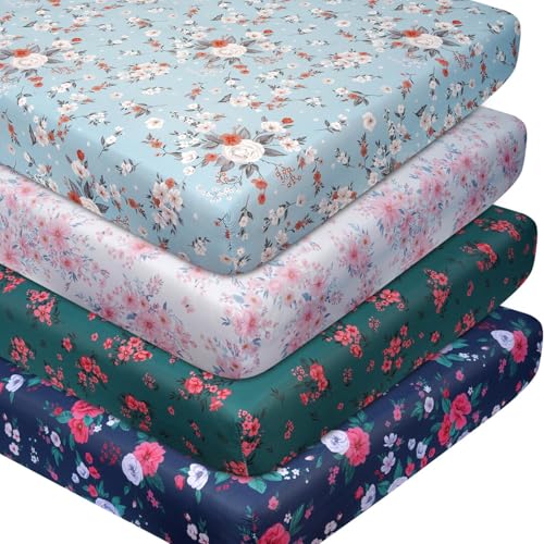Image of Floral Pattern Crib Sheets Neutral, Breathable Soft Microfiber Crib Sheets, 28 X 52 in Baby Sheets for Crib, 4 Pack Fitted Sheet for Toddler Bed Mattress