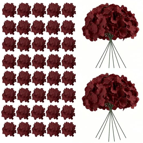 65 Pcs Hydrangea Artificial Flowers Silk Hydrangea Flowers Bulk Outdoor Fake Hydrangeas for Wedding Table Decor Reception Bridal Shower Baby Shower Engagement Outdoor Decoration (Burgundy)