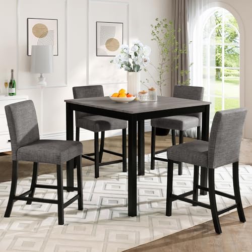 Image of KEIKI 5-Piece Counter Height Dining Table Set with Square Table and 4 Upholstered Curved Backrset Chair, for 4 Person, Modern Wooden Table Set, Easy Assembly, for Kitchen, Dining Room, Black+Gray