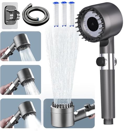 Alcachofa de ducha con filtro,Alcachofa Ducha Antical con Manguera de 1.5M,4 Modos de Rociado Cabezal de Ducha de Alta Presión, Cabezal Ducha que Ahorra Agua para agua dura -Gris