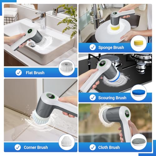Image of PUFTEM Electric Spin Scrubber, Cordless Shower Scrubber with Battery Level Display, 2 Speeds Electric Scrubber for Cleaning with 6 Replaceable Heads, Cleaning Brush for Bathroom /Sink /Window (Gray)
