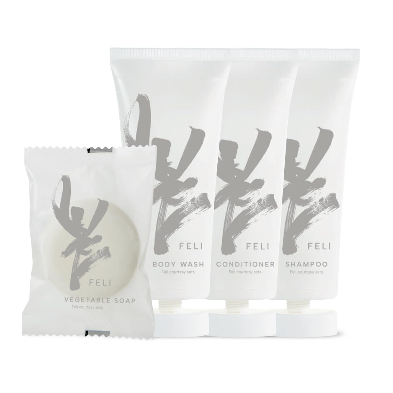 Feli Kit Cortesia Hotel – Shampoo 30 ml, Balsamo, Docciaschiuma Saponetta 20 g – Sacchetto Elegante – Ideale per Hotel, B&B, Agriturismi (S, 25, unità)