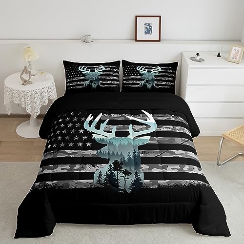 Feelyou Deer Hunting Comforter Set Queen, Camo Deer Hunting Bedding Set for Kids Forest Smoky Deer Comforter American Flag Deer Duvet Set with 2 Pillow Case
