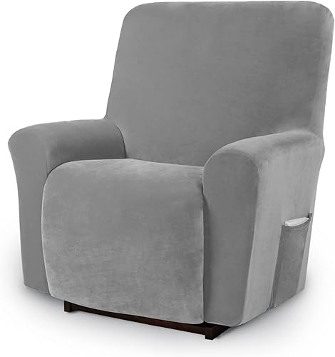 Asnomy Fundas para sillas reclinables con bolsillos, funda elástica de terciopelo para sofá reclinable, 1 pieza, protector de muebles para perros y