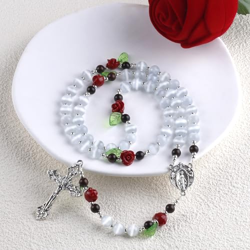 8mm White Cat's Eye Beads Catholic Rosary Necklace with Coral Rose Glory Beads in Virgin Mary PU Leather Bag for Women4