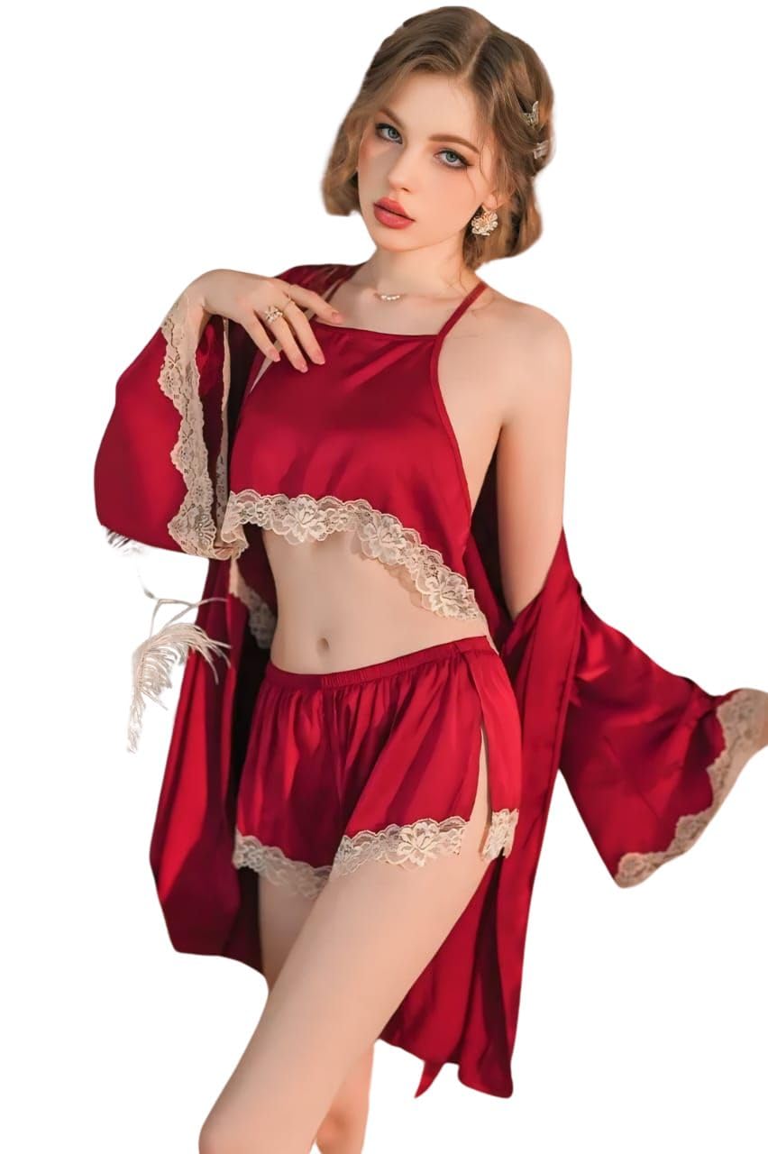 Night Short Dress for Women, Silk Blend Above The Knee Modern Relaxed Fit Cami Tops, Shurg & Short Night Sleepwear Lingerie Nightsuit-image-4