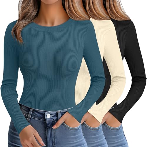 Ficerd 3 Pack Women's Sweaters Crewneck Long Sleeve Ribbed Knit Sweater Slim Fit Pullover Tops Basic Sweater