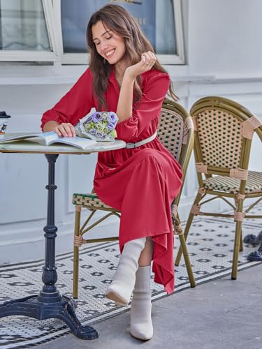 Image of Wenrine Womens Casual 3 /4 Sleeve Shirt Dress Button Down V Neck Tiered Collared Flowy Maxi Dress