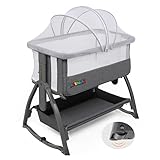 JOYMOR 4 in 1 Baby Bassinet Bedside Sleeper, Rocking Bassinet for Baby, 7 Height Adjustable，All Mesh Side Design, Bedside Bassinet with Mattress, Mosquito Net, Storage Basket for Infants, Gray
