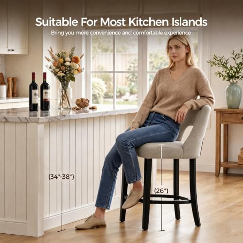 Image of UVV Bar Stools Set of 6, Upholstered Counter Height Bar Stools, Modern Counter Stools with Wood Legs for Kitchen Island Dining Room Bar, Khaki-Black Legs