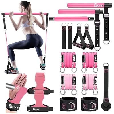 Pilates Bar Kit with Resistance Bands and 1 Pair Pink Double-Layer Leather Weight Lifting Wrist Strap