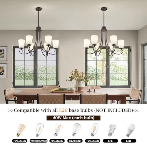 Image of 6-Light Modern Oil Rubbed Bronze Chandeliers for Dining Room 50'' Adjustable Height Farmhouse Pendant Light with Frosted Glass Shades,Brown Chandeliers Hanging Lamp for Kitchen Island Entryway
