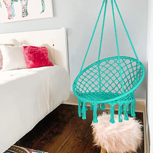 LAZZO Round Hammock Chair with Hanging kit, Hanging Knitted Mesh Cotton Rope Macrame Swing, 260 Pounds Capacity, 23.6" Seat Width,for Bedroom, Outdoors, Garden, Patio, Yard. Child, Girl, Adult (Blue)