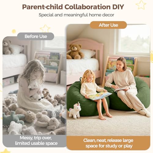Image of Stuffed Animal Storage Bean Bag Chair Cover for Kids (No Filler), Soft Comfy Velvet Beanbag Chair Cover Machine Washable,Kids Bean Bag Chair with Handle for Living Room Bedroom Dorm,Dark Green