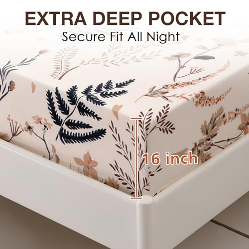 Image of JSD Boho Floral Printed Queen Sheet Set Extra Deep Pocket | 4 Piece Soft Botanical Microfiber Sheets, OEKO-TEX Certified, Easy Care
