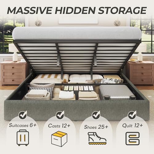 Image of HISOFT Queen Size Lift Up Storage Bed Frame, Linen Upholstered Platform Bed with Wingback Headboard, Heavy Duty Hydraulic Gas Lift Underbed Space, Reinforced Full Metal Slats, Noise Free, Grey