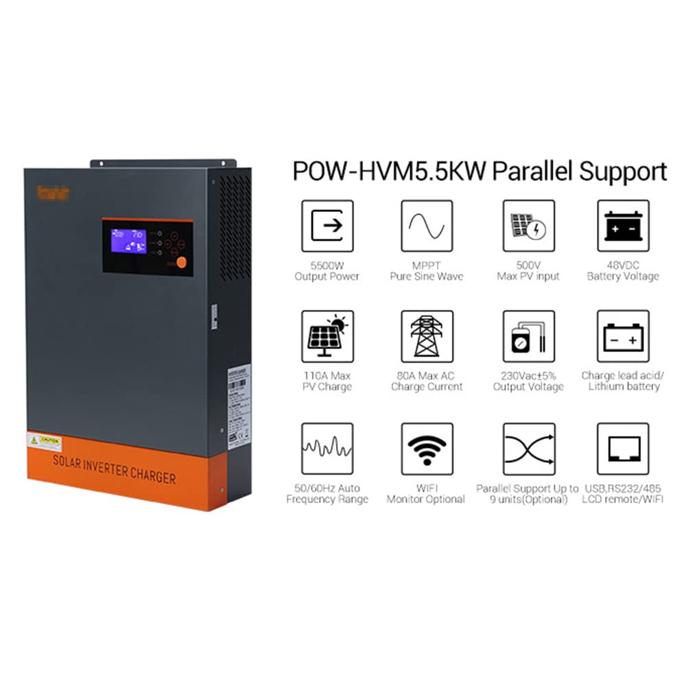 5.5Kw 5.5Kva Inverter Solar Híbrido MPPT 80A 500VDC Entrada Fotovoltaica 220VAC 48V 5500W Inversor Solar Híbrido,Pow hvm5.5k 48v