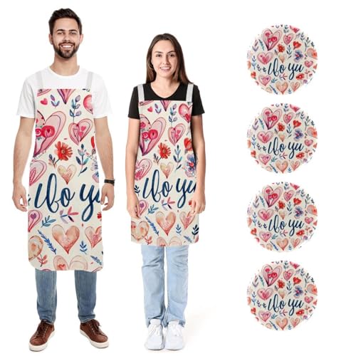 Tablier de cuisine en lin de qualité supérieure motif cœur rose ajustable