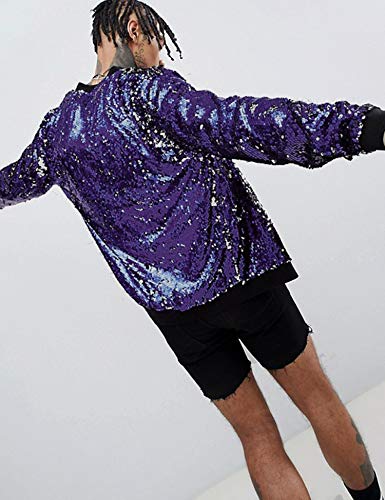 Image of Pacinoble Mens Cardigan Sparkle Sequin Open Front Coat Long Sleeve Bomber Jacket with Ribbed Cuffs (Purple S)