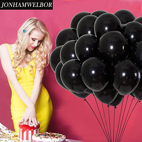 Image of Jonhamwelbor Black Balloons 12 inch 100 Pack Black Latex Metallic Chrome Balloons for Birthday Halloween Graduation Baby Shower Party Decorations (with Ribbon)