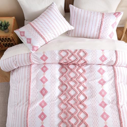 Image of MOVE OVER Tufted Duvet Cover King Size 100% Cotton Boho Duvet Cover Set 3 Pieces Blush Pink Textured Bedding Set with Zipper Closure and Ties Soft Farmhouse Geometric Tufted Comforter Cover