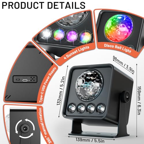 Image of Disco Ball Light Party Lights, Sunset Lamp Dj Disco Light with 6 Working Modes 5 DIY Button Strobe Light Stage Lights Remote Control Disco Ball Lamps for Small Gathering Home Room Parties Birthday