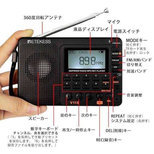 Retekess V115 小型短波ラジオ AM/FM/SW ポータブルラジオ USB-C充電式 Micro SDカード MP3ステレオ 日本語対応 アマチュア無線愛好家向け 高感度 防災 スリープタイマー 録音機能 RECボイスレコーダー 両親への贈り物 敬老の日 プレゼント