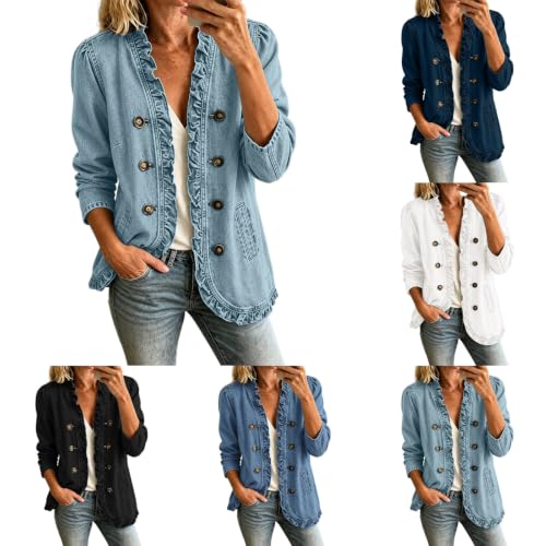 Denim Jacket For Women Ruffled Trim Lapel Open Front Long Sleeve Coats - image 1