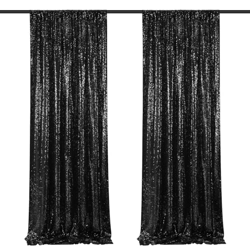 Image of Black Backdrop Curtains for Parties 2 Panels 2ftx8ft Sequin Birthday Backdrop Seamless Photography Background Halloween Decoration