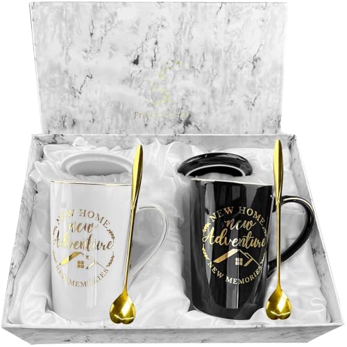 Housewarming Gifts for New Home - 14oz Ceramic Coffee Mugs Set, New Adventure New Memories Cup for Couple, First Home Essentials with Lids & Spoons in Luxury Gift Box - Image 5