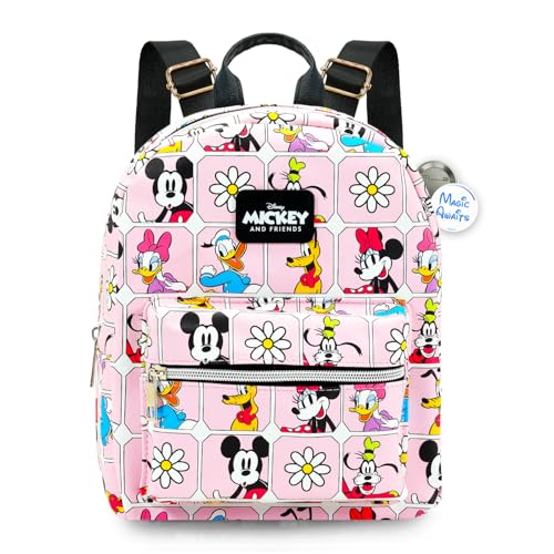 Mini mochila Mickey e seus amigos – Mochila pequena de couro sintético Disney exclusiva de 28 cm com bolso frontal e pacote de botões | Ajusta-se para mulheres, adolescentes, meninas e crianças
