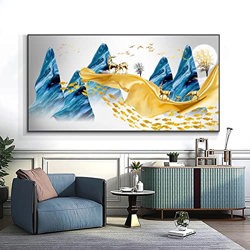 Toile Elk Montagne Or 80x160cm sans cadre pour la décoration moderne du salon