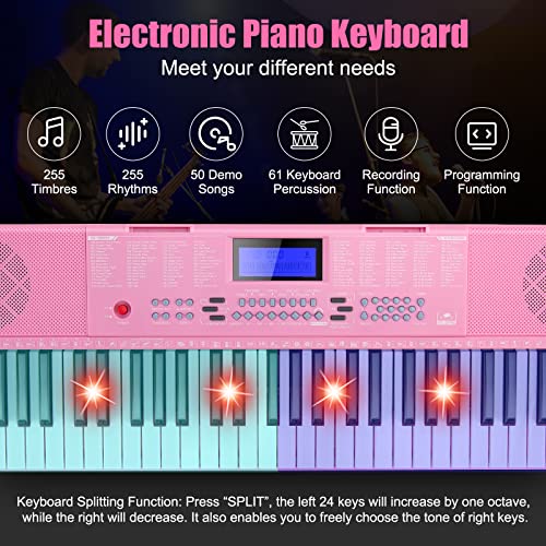 Costzon 61 Key Piano Keyboard, Portable Electronic Keyboard Piano With Lighted Keys, Lcd Screen, Headphones, Microphone, Dual Power Supply & 3 Teaching Modes For Beginners Kids Adults (Pink) #TOP1