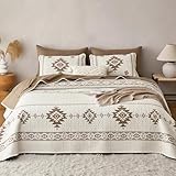 Wake In Cloud - Western Quilt Set, Southwestern Aztec Country Tribal Native American Rustic Ranch, Reversible Lightweight Bedspread Coverlet, 3 Pieces, Beige Brown, King Size