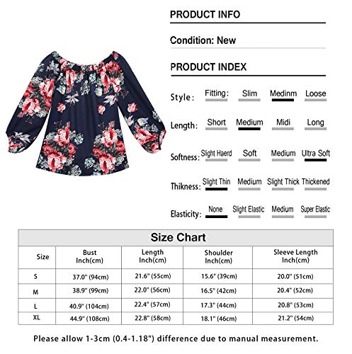 Eledobby Camisa Feminina Floral Estampada Camisa Feminina a Ombro a Ombro De Mangas Compridas Marinh