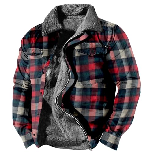 Men's Fleece Lined Sherpa Jacket Zip Up Plaid Shirts Jacket