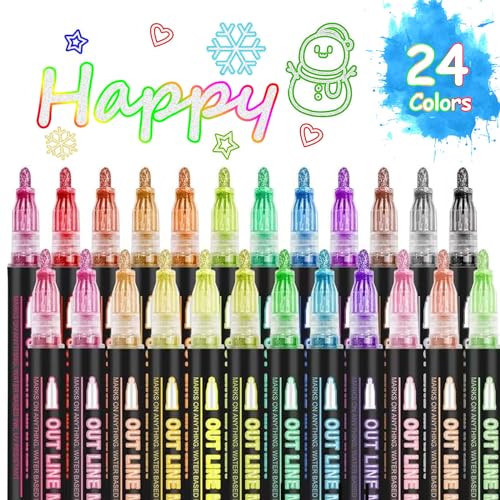 OUNIY Double Line Outline Markers 24 Colors Super Squiggles Glitter Markers Self Outline Metallic Marker, Doodle Shimmer Marker Drawing Pens for Christmas Greeting Card, Birthday Gift, DIY Art Crafts