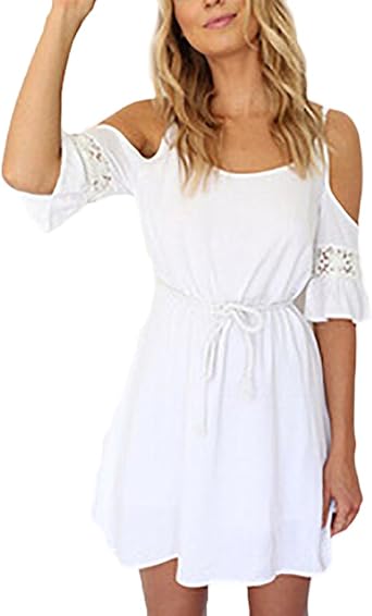 Vestidos Verano Mujer Elegantes Cortos Blancos Vestidos Playa Casual  Hombros Descubiertos Tirantes con Encaje Manga Corta Cuello Redondo Estilo  Dulce con Cinturón Vestido Señora Informales : Amazon.es: Ropa