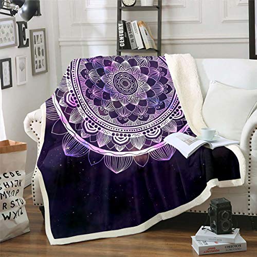 Boho Chic Mandala Fleece Throw Blanket Galaxy Bohemian Style Sherpa Blanket For Kids Women Purple Exotic Floral Plush Blanket Hippie Mandala Decor Fuzzy Blanket For Sofa Bed,King 87X94 Inch #TOP30