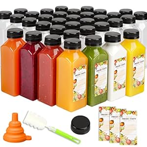 TOMNK 35pcs Juice Bottles, 12oz Plastic Bottles with Caps, Reusable Clear Bottles Beverage Containers Bulk with Lids, Label, Funnel and Brush for Juicing, Smoothies, Tea