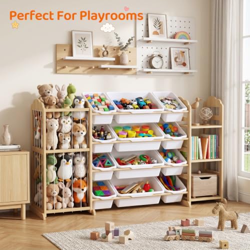 LAMU 3-in-1 Toy Organizer with Bookshelf, Stuffed Animal Storage with 12 Bins and 3 Shelves, Wooden Book Shelf for Playroom Kids Room Nursery Bedroom Living Room Decor, White - Image 9