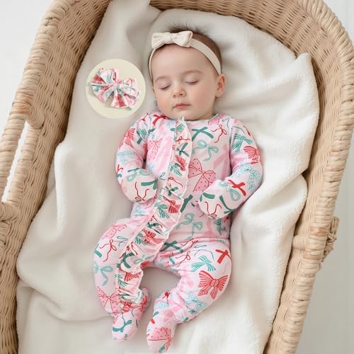 Newborn Baby Girl Christmas Outfit Bow Print Ruffled Zipper Long Sleeve Romper Jumpsuit Infant Fall Clothes Headband3