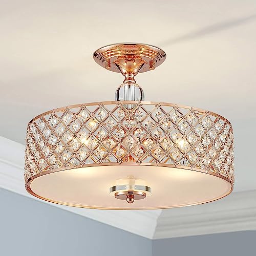 Saint Mossi Lustre en cristal, semi encastré, style moderne, idéal pour les espaces de vie, d39cm X h28cm, cadre en finition or rose