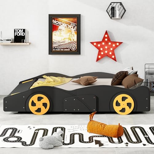 SOFTSEA Full Size Race Car Shaped Bed with Wheels, Car Platform Bed with Storage for Kids, Wood Cool Car Bed Frame, Black+Yellow